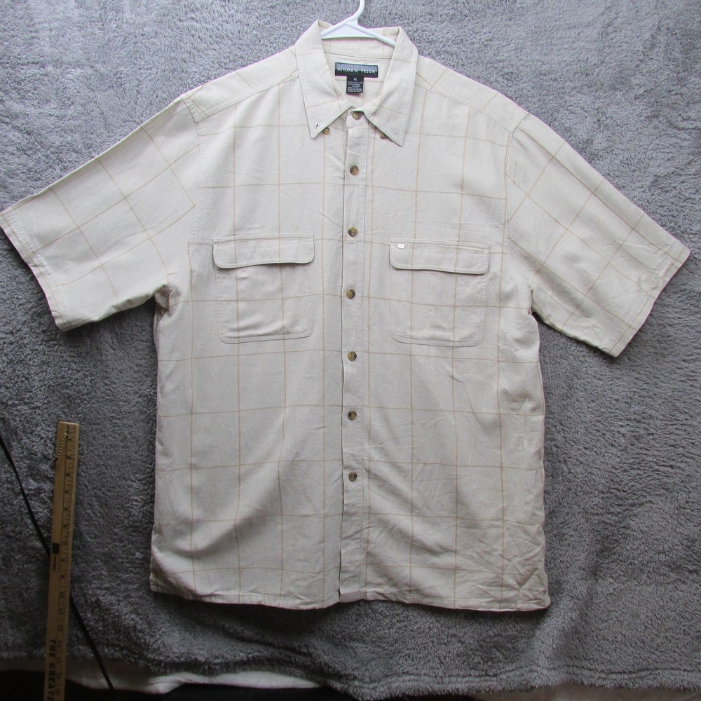 Andrew‎ Fezza Shirt Mens XL Beige Windowpane Linen Short Sleeve Button Front
